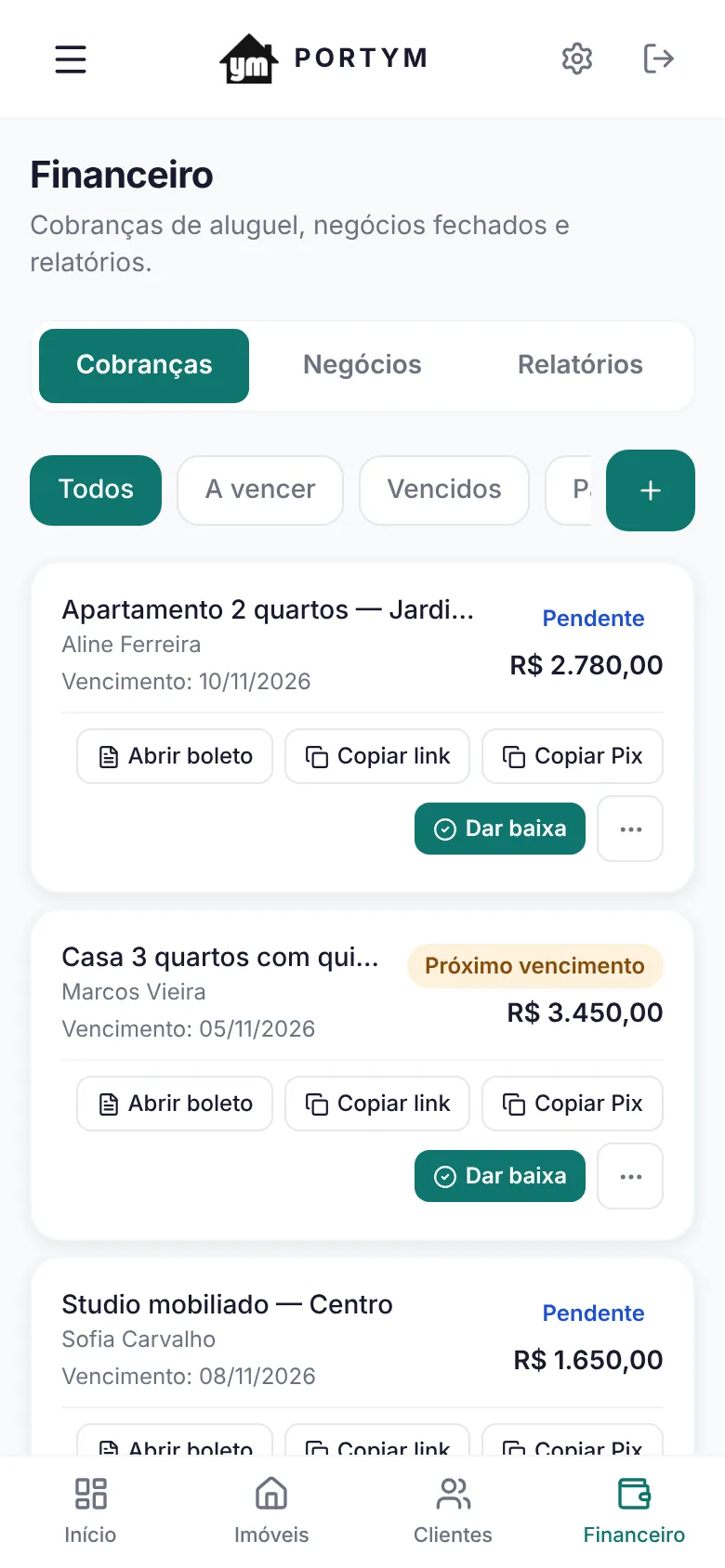 Tela de cobranças de aluguel no painel do Portym