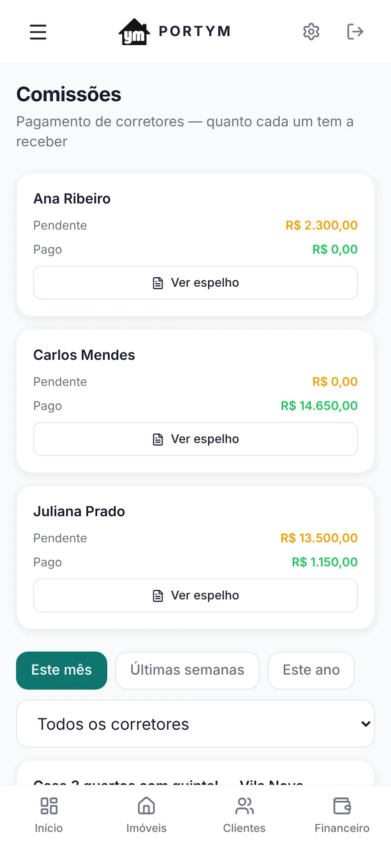 Tela de comissões dos corretores no Portym
