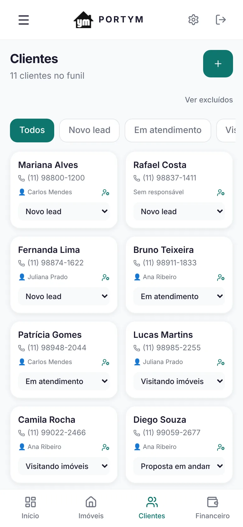 Funil de clientes do CRM do Portym