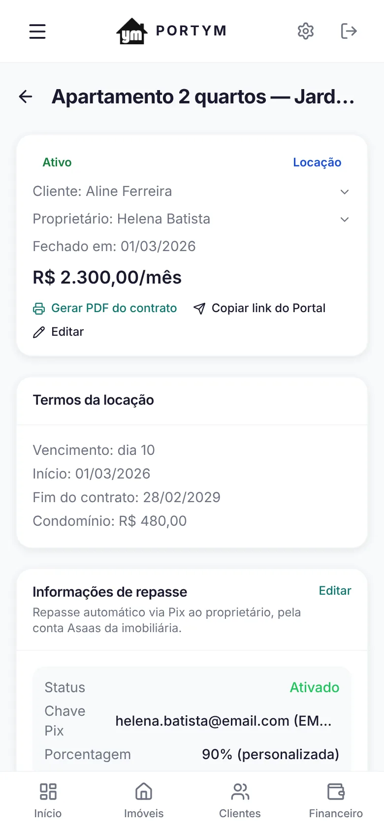 Tela do contrato de locação no painel do Portym