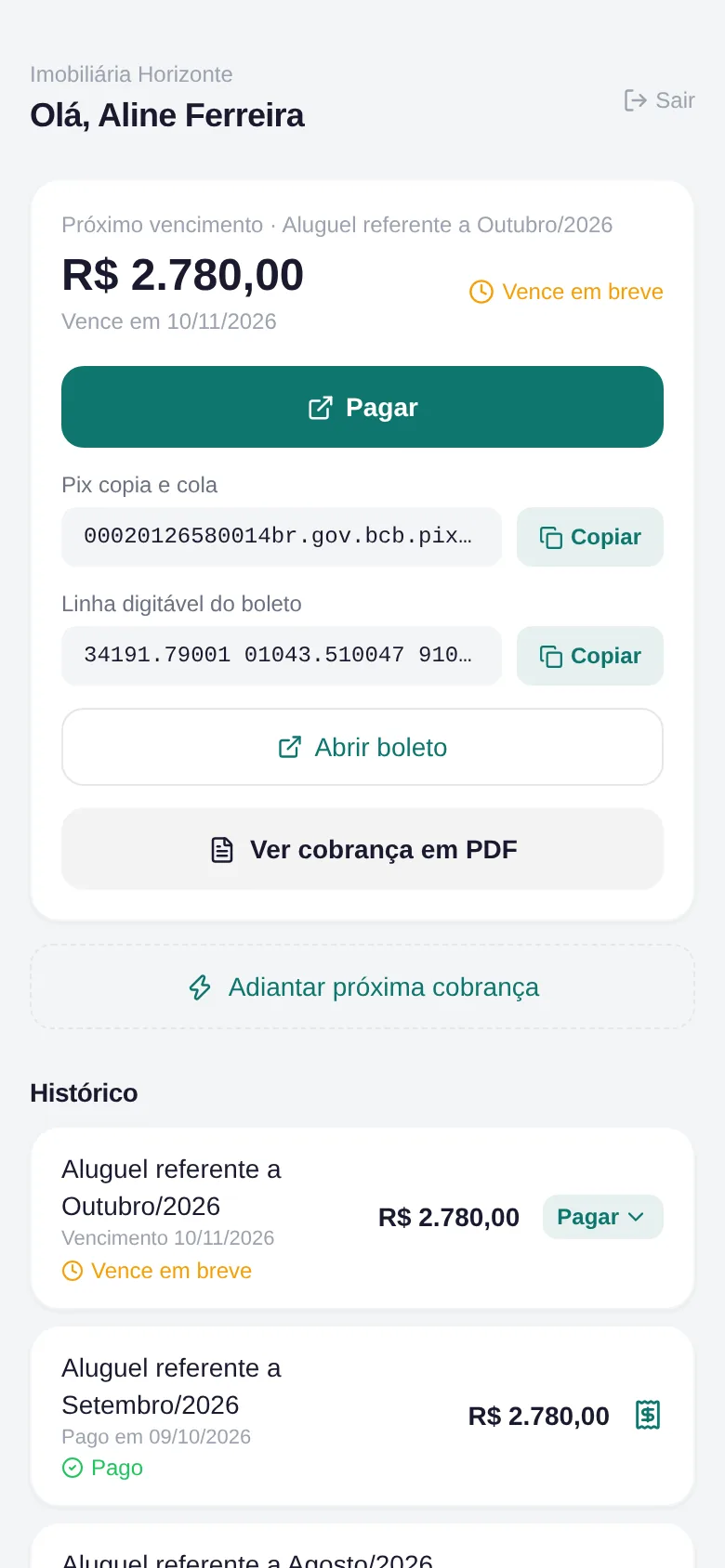 Portal do inquilino do Portym no celular