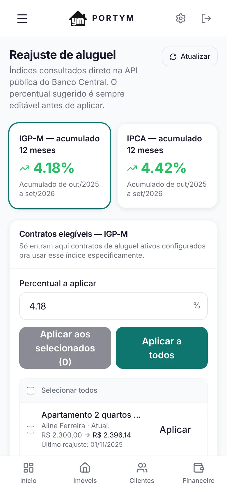 Tela de reajuste de aluguel por IGP-M e IPCA no Portym