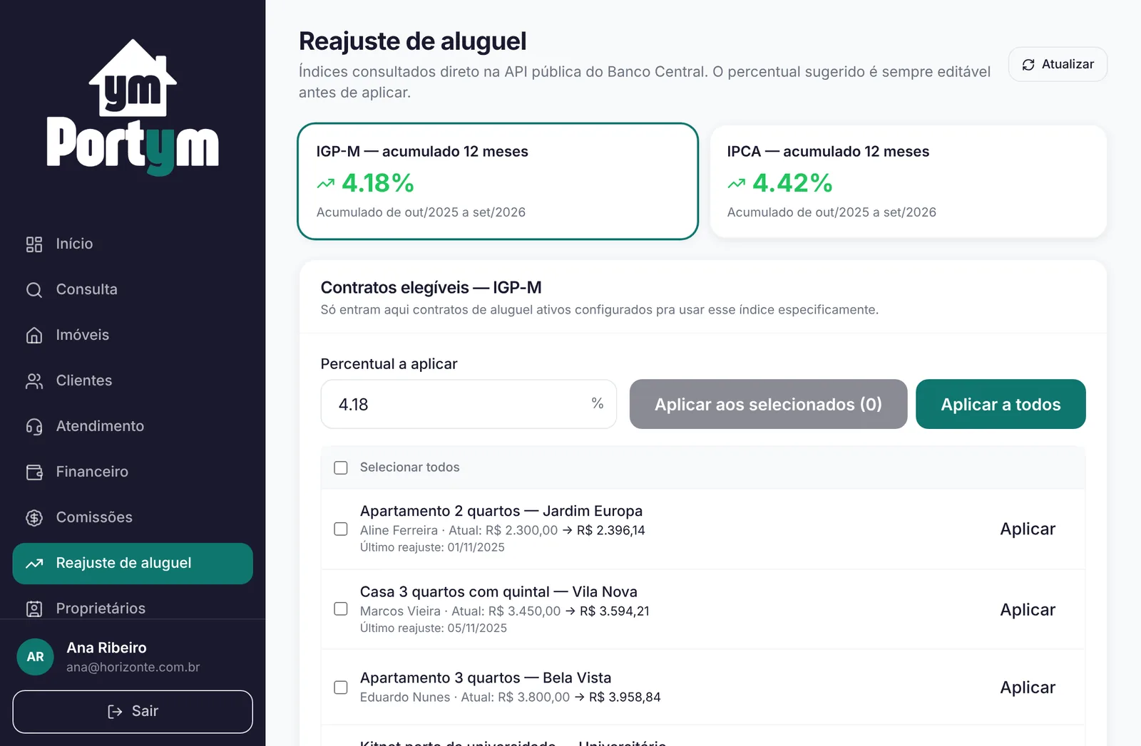 Tela de reajuste de aluguel por IGP-M e IPCA no Portym