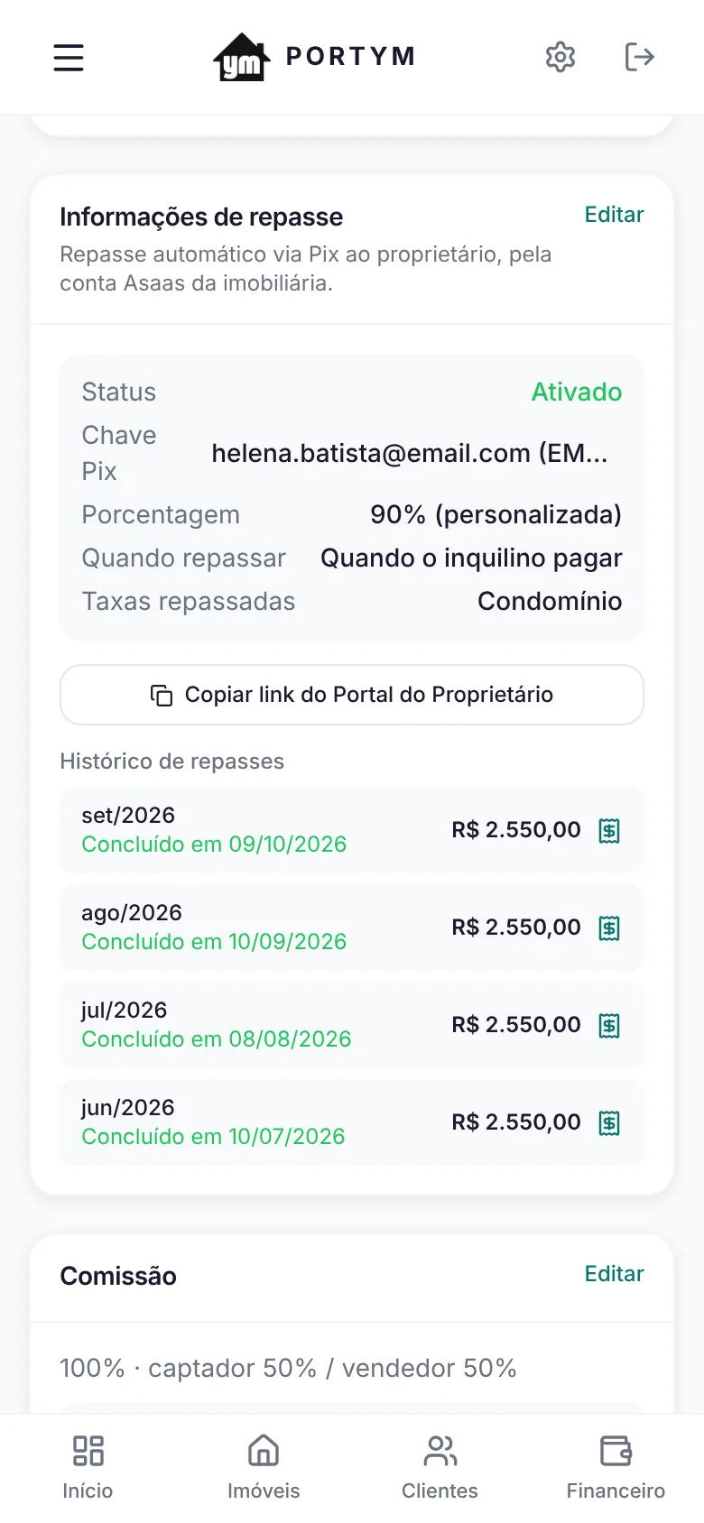 Repasse automático e histórico de repasses no painel do Portym