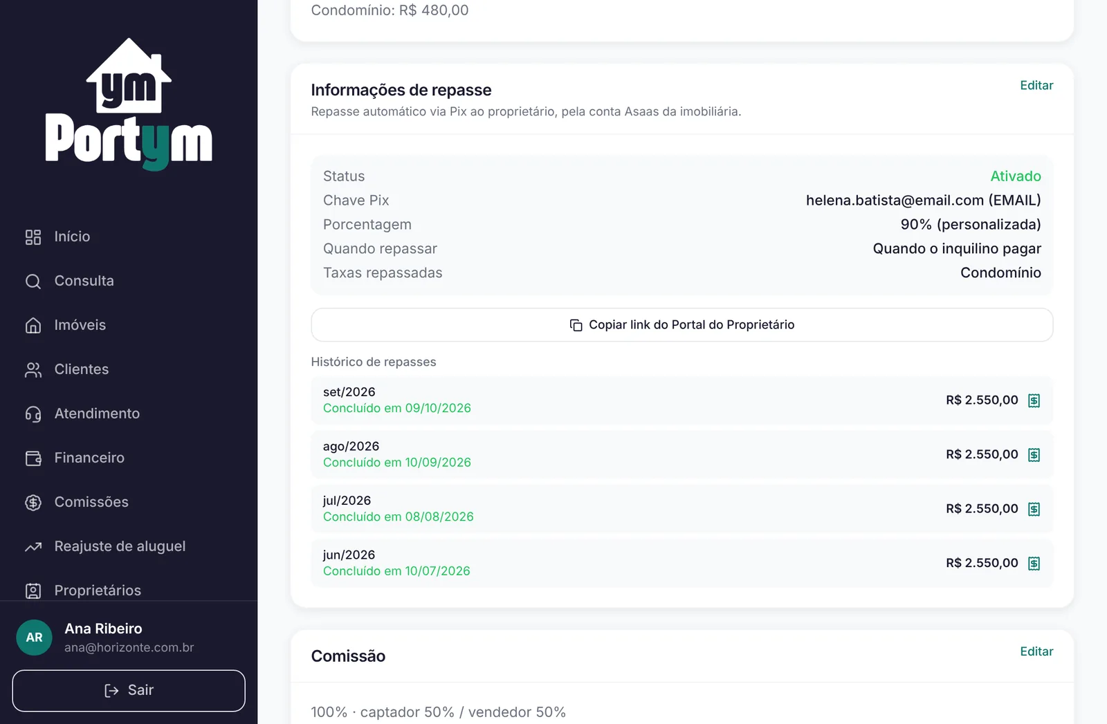 Repasse automático e histórico de repasses no painel do Portym